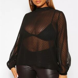 PLUS SIZE DOBBY MESH HIGH NECK BLOUSE